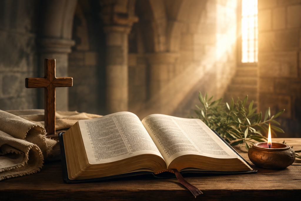 A warm, sunlit Bible resting on a wooden table beside a wooden cross and candle inside a peaceful stone church, symbolizing the biblical meaning and spiritual significance of the name Dominic.
