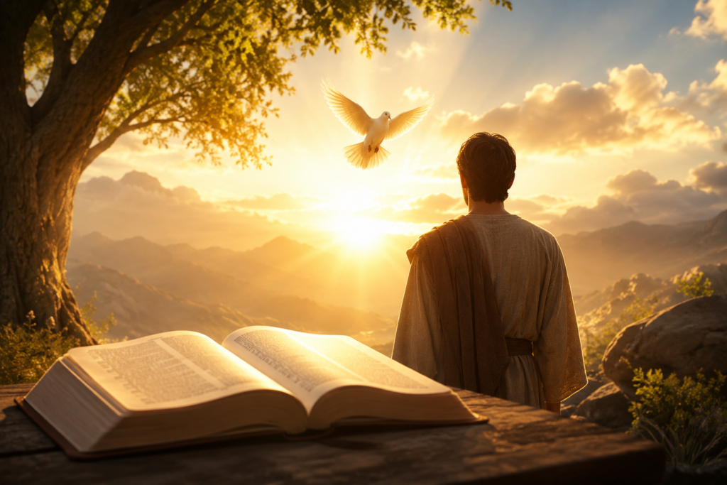 A peaceful biblical landscape at sunrise with an open Bible in the foreground, a person gazing toward radiant light over distant mountains, and a white dove soaring above, symbolizing the spiritual meaning of the name Dominic through faith, devotion, and divine guidance.