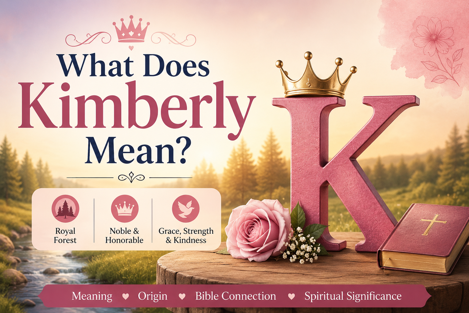 Feature image for What Does Kimberly Mean showing a royal themed letter K with a crown, Bible, pink rose, peaceful forest landscape, and elegant design representing the biblical, spiritual, and historical meaning of the name Kimberly.