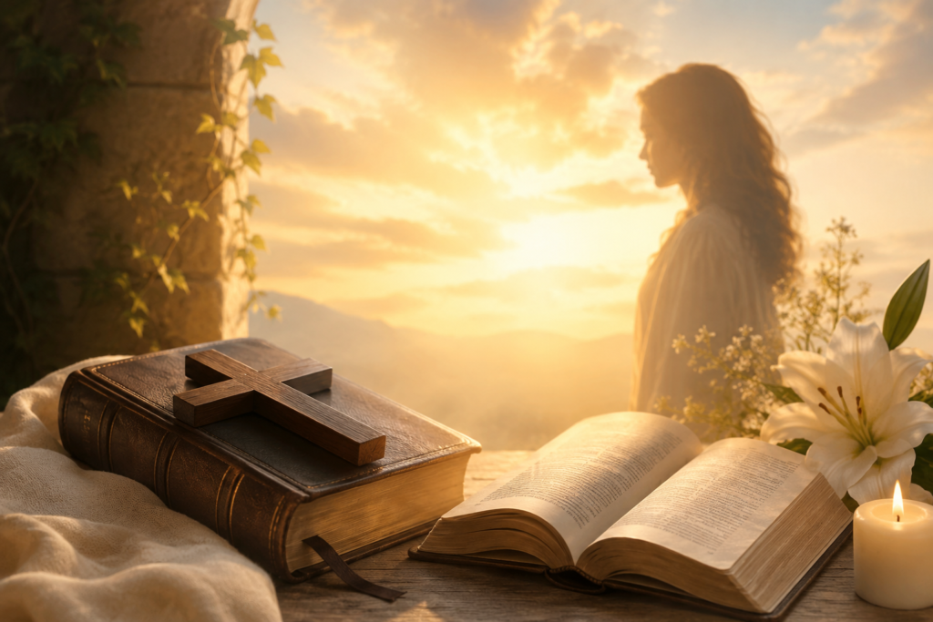 A peaceful biblical themed scene with an open Bible, a wooden cross, white lilies, and a glowing candle beside a leather bound Bible. Warm golden sunlight illuminates the setting while the soft silhouette of a woman stands in the background, creating a calm and spiritual atmosphere. No text.
