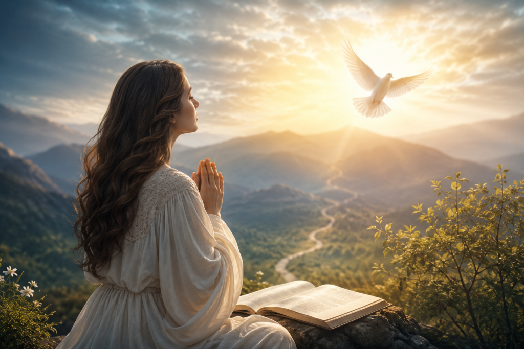 A serene spiritual landscape showing a woman in prayer overlooking sunlit mountains with an open Bible nearby and a white dove flying through radiant golden light, symbolizing faith, hope, divine guidance, and inner peace.