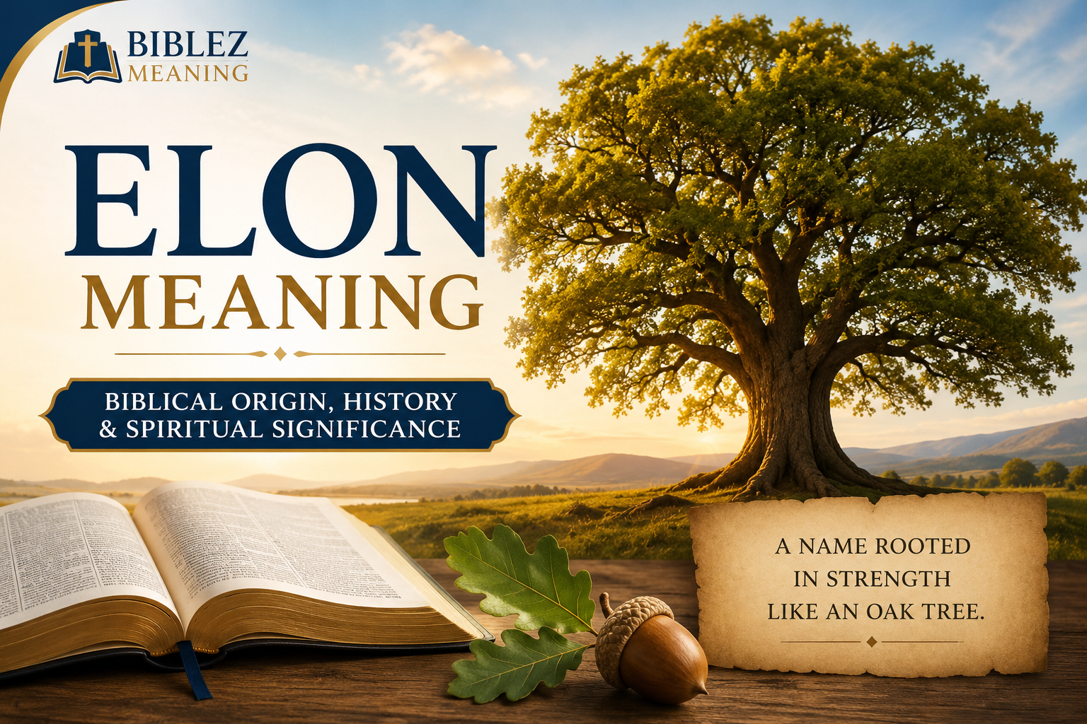 A majestic oak tree standing in a sunlit landscape beside an open Bible, representing the Elon meaning in Hebrew and the Bible with themes of strength, endurance, faith, and biblical heritage.