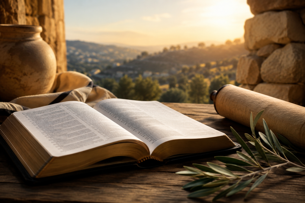 Open Bible on a rustic wooden table with an ancient scroll, clay jar, and olive branch overlooking a peaceful biblical landscape at sunrise, symbolizing the meaning of the name Elon in the Bible.