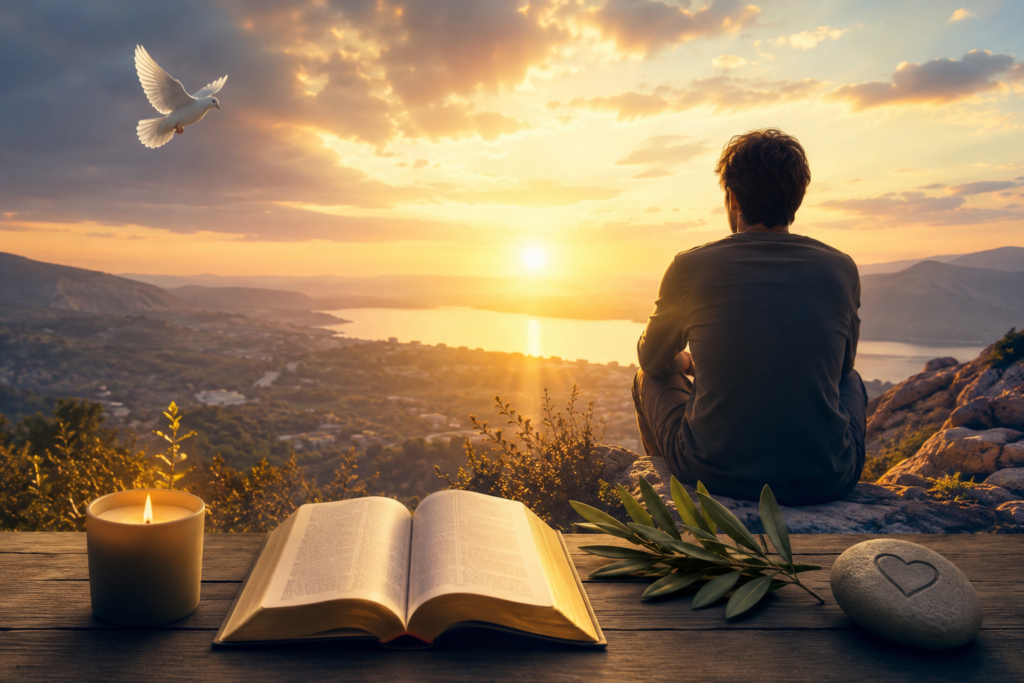 A peaceful sunrise over rolling hills with a person sitting in quiet reflection beside an open Bible, a lit candle, olive branches, and a white dove flying overhead, symbolizing the spiritual meaning of the name Elon.