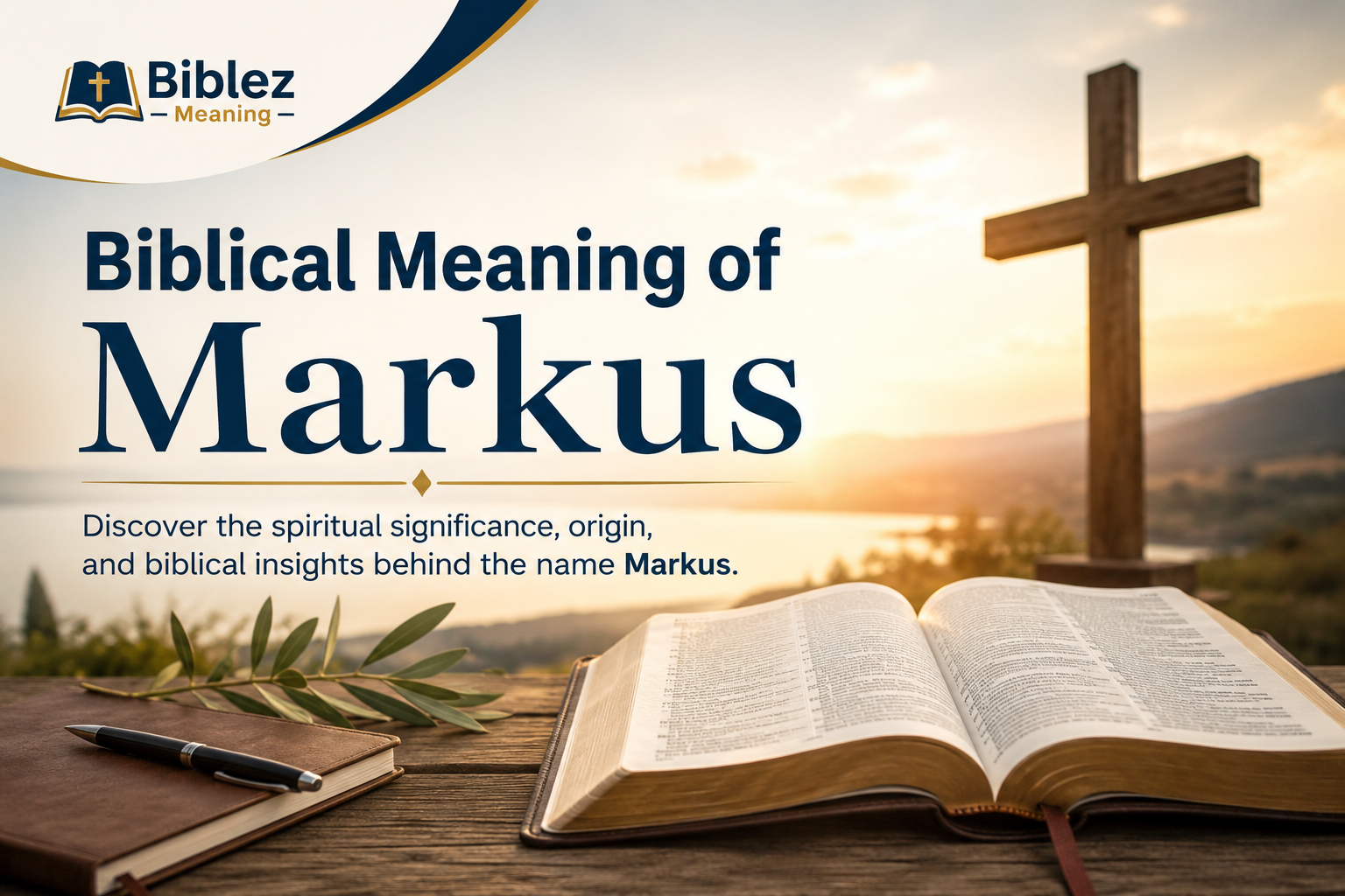 Feature image for Biblical Meaning of Markus showing an open Bible on a wooden table beside a journal and pen, with a large wooden cross overlooking a peaceful sunrise landscape, symbolizing faith, spiritual heritage, and biblical inspiration.