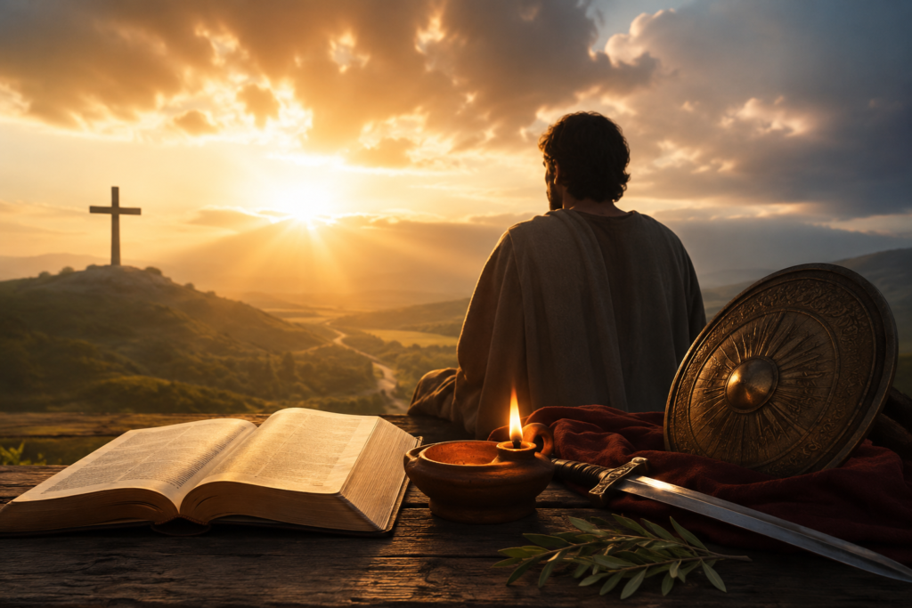 A serene biblical landscape at sunrise with an open Bible, lit oil lamp, sword, shield, and a person looking toward a cross on a distant hill, symbolizing the spiritual meaning of the name Marcus.