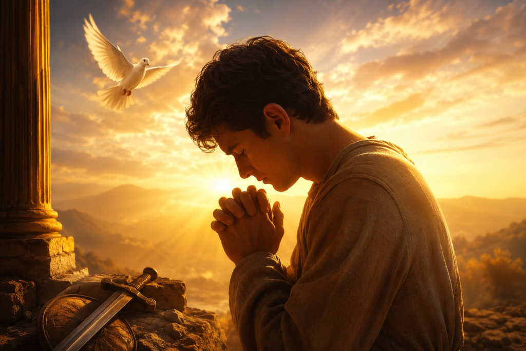A peaceful spiritual landscape at sunrise with a person praying on a rocky hill, golden rays shining through the clouds, a white dove flying overhead, and a sword and shield resting nearby, symbolizing faith, courage, divine guidance, and the spiritual meaning of the name Marcus.
