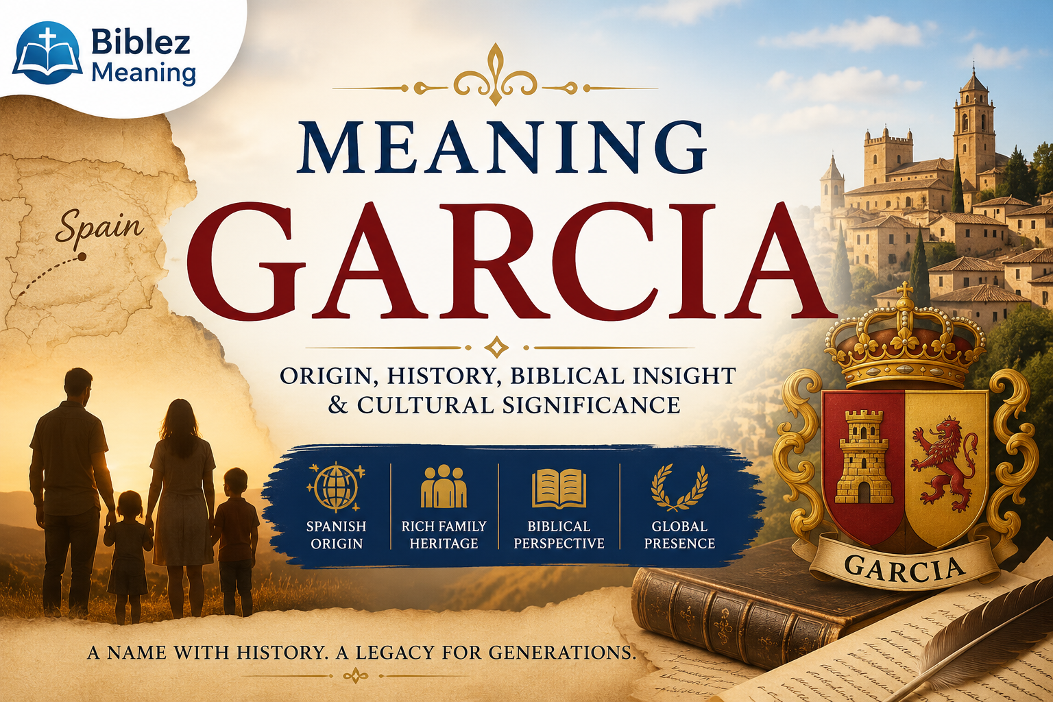 Feature image illustrating the meaning garcia with a Spanish heritage theme, including a historic Spanish town, a family silhouette, an old map of Spain, a royal coat of arms, and symbolic biblical elements representing the origin, history, and cultural significance of the Garcia surname.
