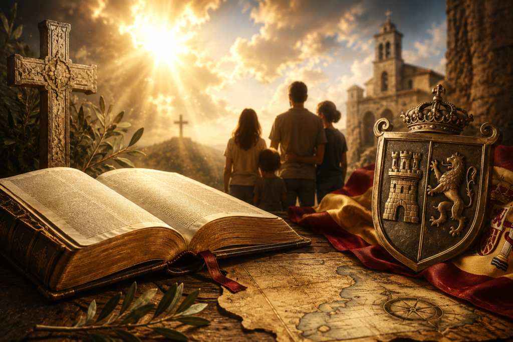 A symbolic biblical themed illustration featuring an open Bible, a wooden cross, a historic Spanish church, a family silhouette, an old map, and a traditional Spanish heraldic shield, representing the biblical perspective, heritage, and historical roots of the Garcia surname.