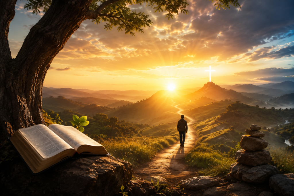 A peaceful golden sunset over rolling hills with a winding path leading to a glowing cross on a distant hill. An open Bible rests beneath a large tree while a lone traveler walks toward the light, symbolizing the spiritual meaning behind the name Garcia through faith, purpose, hope, and divine guidance.