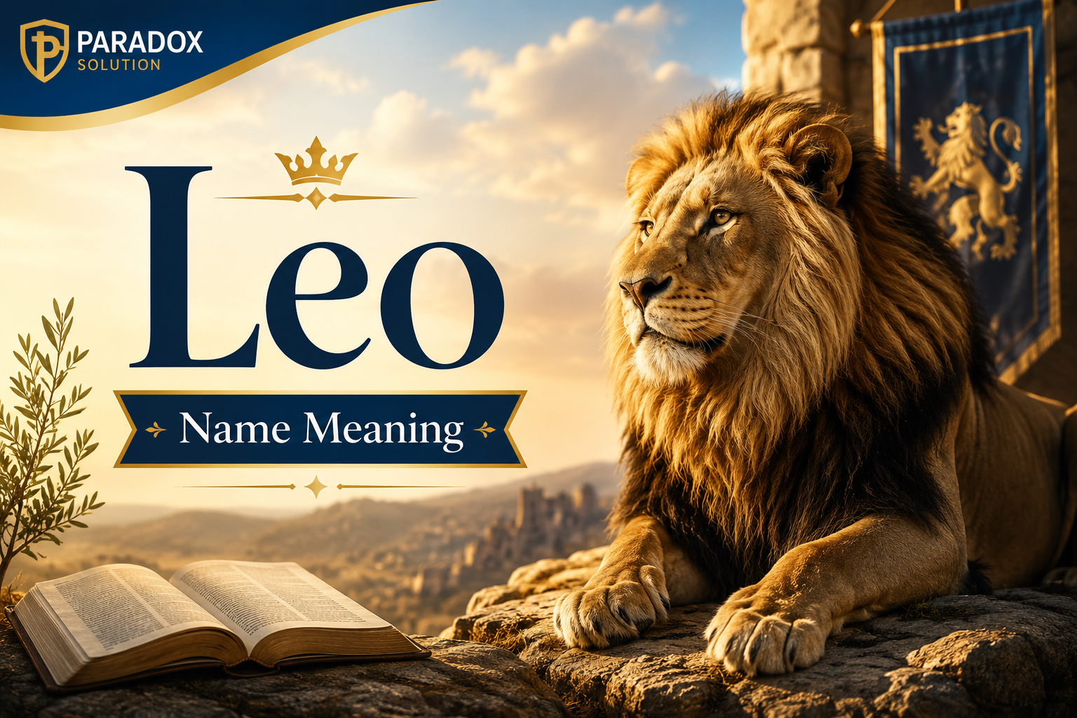 Leo Name Meaning feature image with a majestic lion, an open Bible, and a warm golden sunrise, representing courage, strength, leadership, and the spiritual symbolism associated with the name Leo.