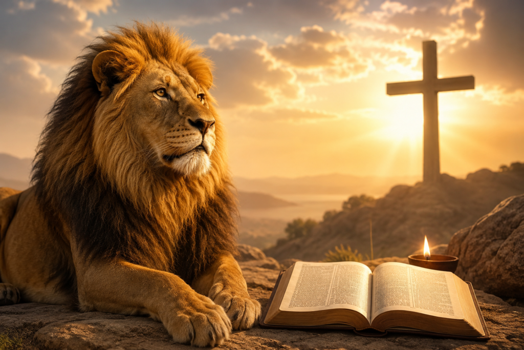A majestic lion resting beside an open Bible with a glowing candle and a wooden cross at sunrise, symbolizing the biblical and spiritual meaning of the name Leo in a peaceful mountain landscape.