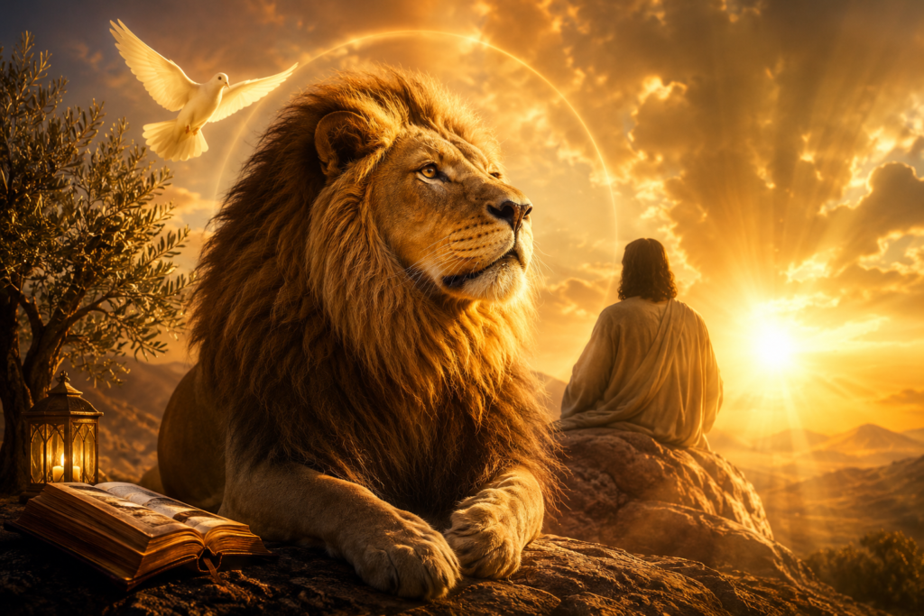 A majestic lion rests on a rocky hillside at sunrise as a robed figure meditates in the distance beneath a glowing dove. Warm golden light fills the landscape, creating a peaceful and symbolic scene that represents the spiritual meaning of the name Leo through courage, faith, strength, wisdom, and divine guidance.