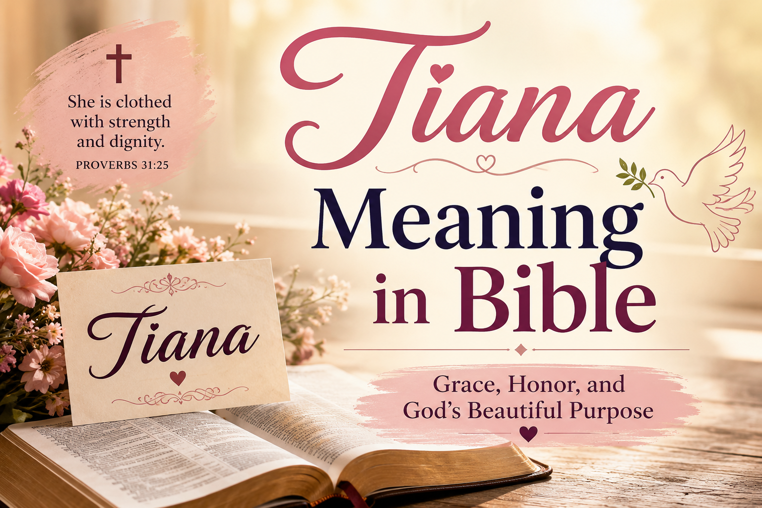 Open Bible with soft flowers, glowing sunlight, and Christian symbols representing the Tiana meaning in Bible, highlighting faith, grace, hope, and spiritual inspiration.