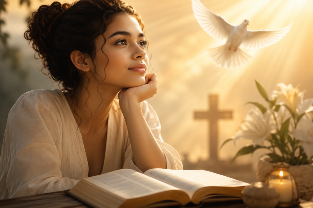 Tiana name meaning Bible concept with an open Bible, glowing cross, white dove, and a woman reflecting in warm golden light, symbolizing faith, hope, and spiritual meaning.