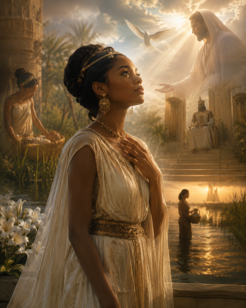 A serene spiritual illustration of a graceful woman surrounded by golden heavenly light, peaceful water, ancient biblical architecture, and symbolic elements representing faith, hope, divine guidance, and the spiritual meaning of the name Tiana in a biblical inspired setting.