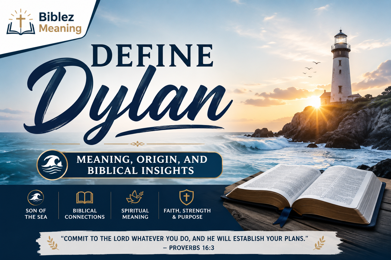 Define Dylan feature image showing a peaceful ocean, lighthouse, open Bible, and sunrise representing the spiritual meaning, origin, and Biblical symbolism of the name Dylan.