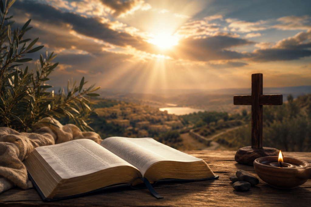 Open Bible on a rustic wooden table with a wooden cross, glowing candle, and golden sunrise over a peaceful landscape, symbolizing the biblical meaning of Dylan through faith, hope, and spiritual reflection.