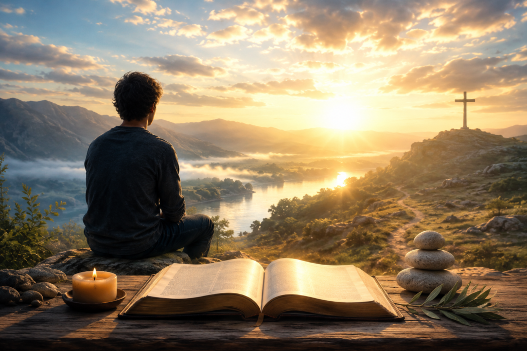 A peaceful sunrise landscape with a person sitting on a rocky overlook beside an open Bible, candle, and stacked stones, gazing toward a glowing cross on a distant hill, symbolizing the spiritual meaning of the name Dylan through faith, hope, and reflectio