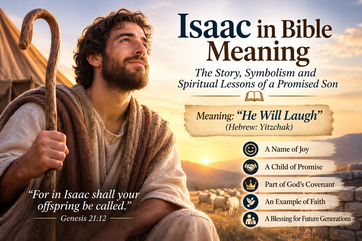 Isaac in Bible Meaning feature image showing a biblical landscape at sunrise with Isaac in traditional robes, symbolizing faith, God's promise, joy, and the spiritual meaning of the name Isaac in the Bible.
