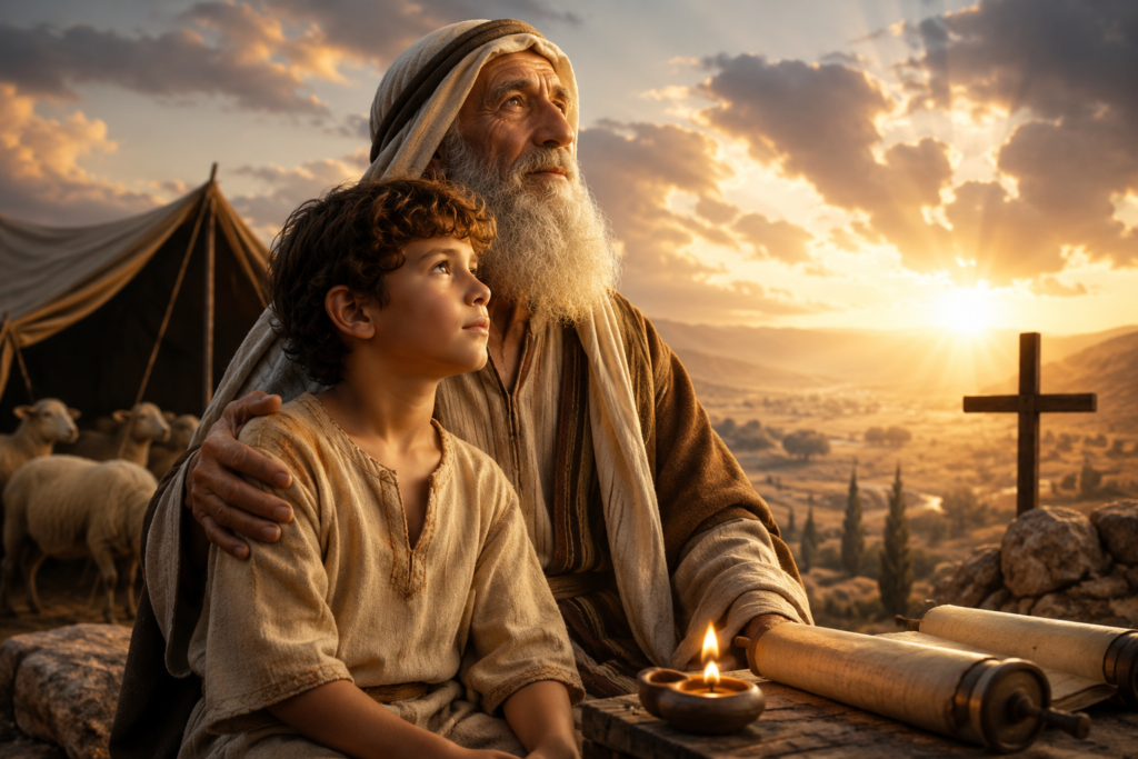 Isaac in a biblical desert landscape with Abraham, warm sunrise lighting, sheep, ancient tents, and an open scroll, symbolizing faith, promise, and God's covenant.