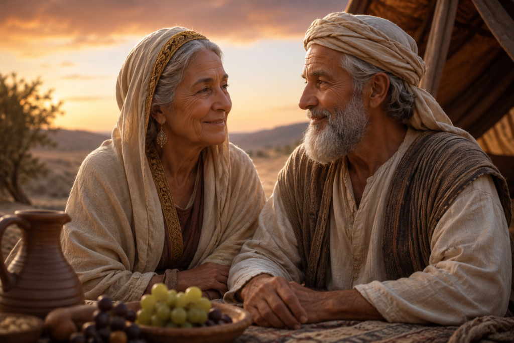 Sarah and Isaac share a peaceful moment outside their tent at sunset, smiling warmly at one another in a serene biblical desert setting with soft golden light and traditional robes.