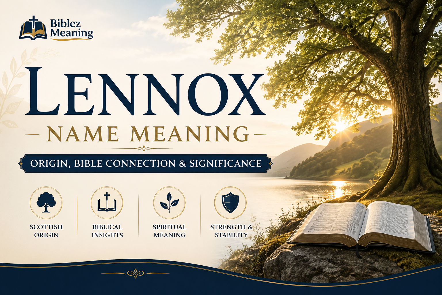 Lennox Name Meaning feature image showing a majestic elm tree beside a peaceful lake with an open Bible, symbolizing strength, faith, Scottish heritage, and spiritual meaning.