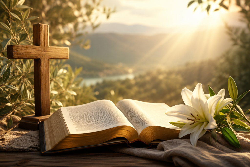 The image has been created as a peaceful, text free feature image with an open Bible, a wooden cross, white lilies, and warm golden light to reflect the spiritual theme of Lennox Name Meaning Bible.