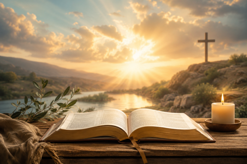 Open Bible on a rustic wooden table with a glowing candle, distant cross, and golden sunrise over a peaceful landscape, symbolizing faith, strength, and hope.