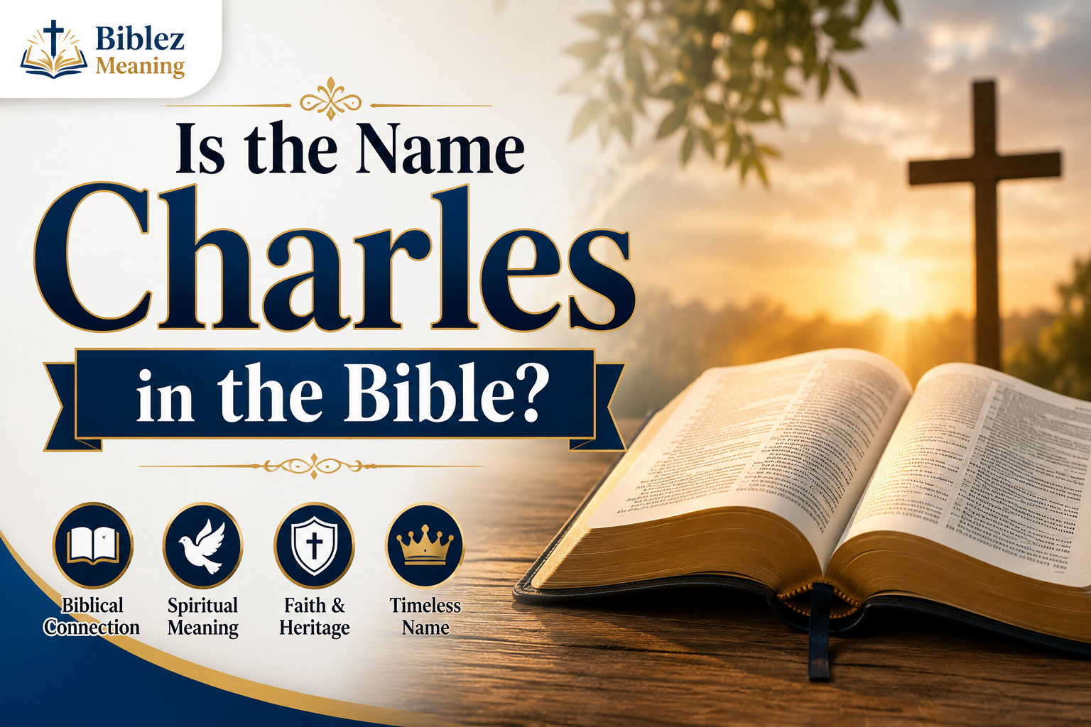 Feature image for Is the Name Charles in the Bible? showing an open Bible on a wooden table with a cross at sunrise, symbolizing the biblical meaning, spiritual significance, and Christian heritage of the name Charles.