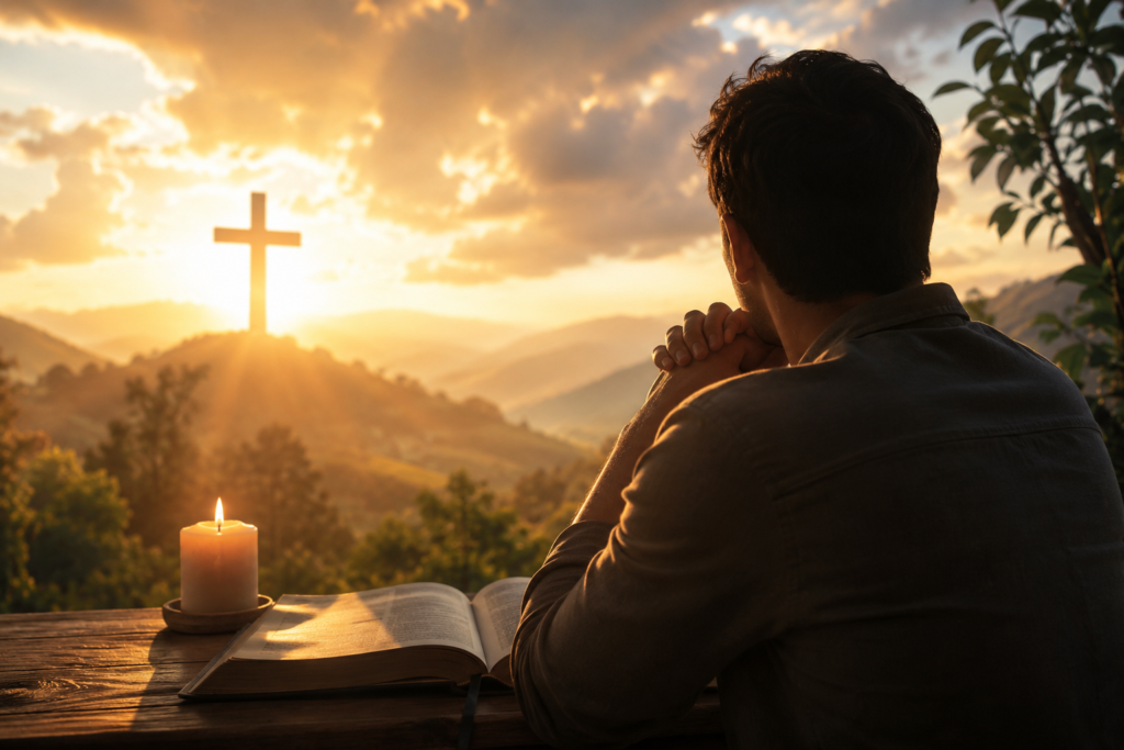 A person praying beside an open Bible and a lit candle while looking toward a glowing cross over peaceful hills at sunrise, symbolizing the spiritual meaning of the name Charles.