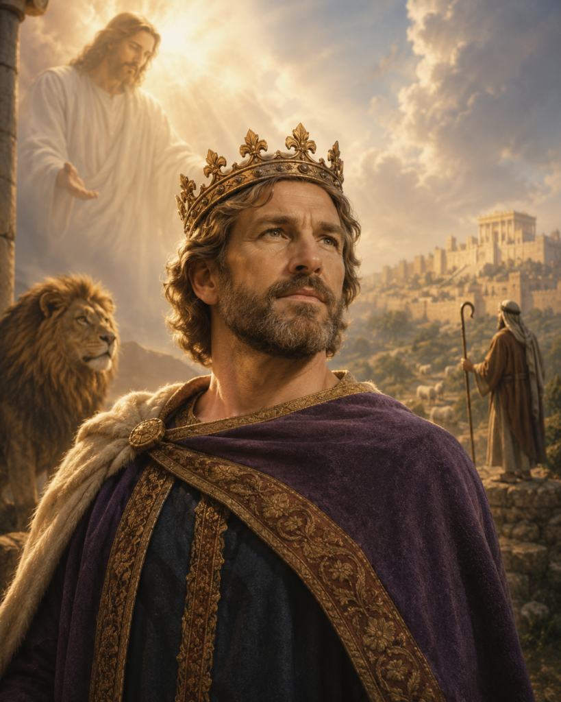 A majestic biblical inspired scene of a crowned king looking toward radiant heavenly light, with a lion, shepherd, ancient city, and symbolic Christian imagery representing the biblical meaning of the name Charles.