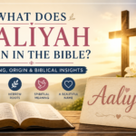 Feature image for What Does Aaliyah Mean in the Bible showing an open Bible, a wooden cross, white lilies, and a golden sunrise symbolizing faith, hope, spiritual growth, and the Biblical meaning of the name Aaliyah.