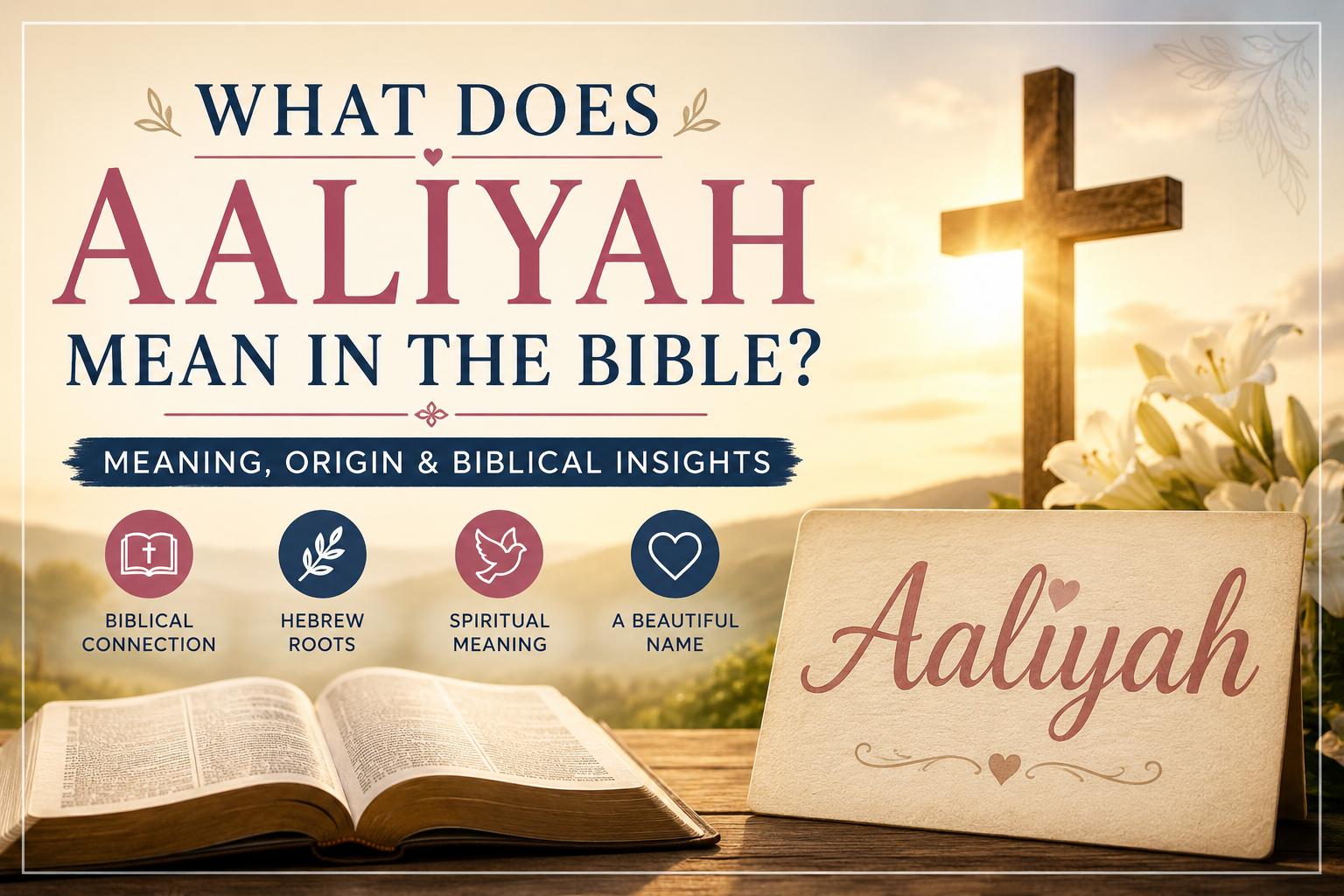 Feature image for What Does Aaliyah Mean in the Bible showing an open Bible, a wooden cross, white lilies, and a golden sunrise symbolizing faith, hope, spiritual growth, and the Biblical meaning of the name Aaliyah.