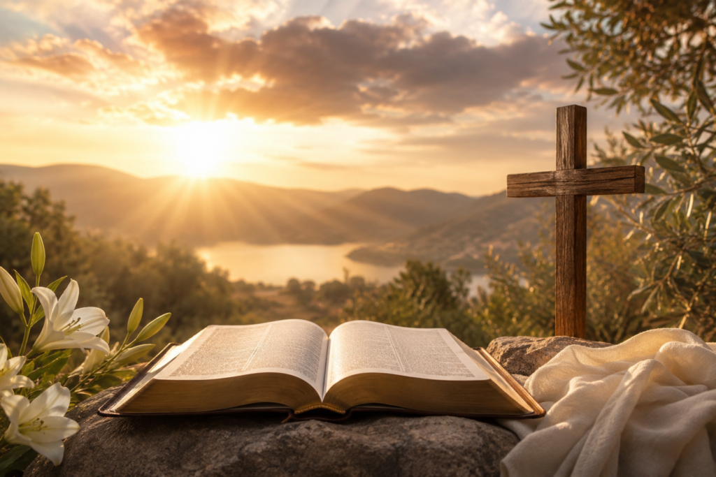 Peaceful sunrise landscape with an open Bible on a stone, a wooden cross, white lilies, and golden light shining over distant mountains, symbolizing the meaning of Aaliyah in the Bible.