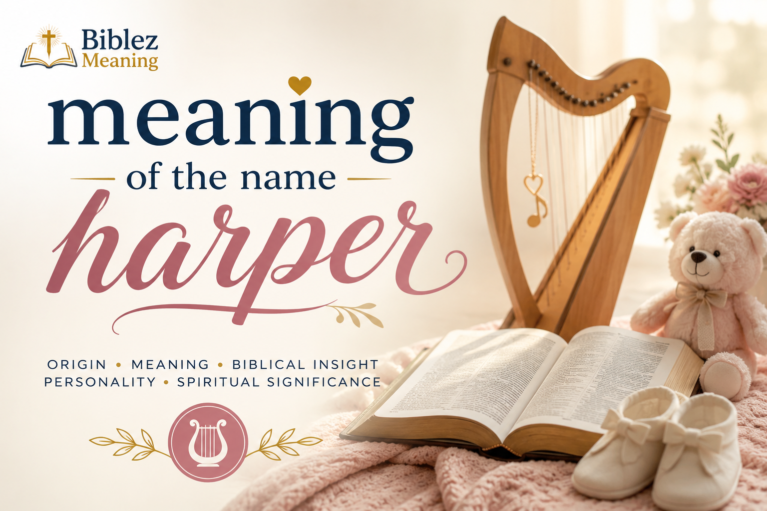 Meaning of the Name Harper with an open Bible, harp, baby shoes, teddy bear, and soft floral background for Biblical and spiritual name meaning.