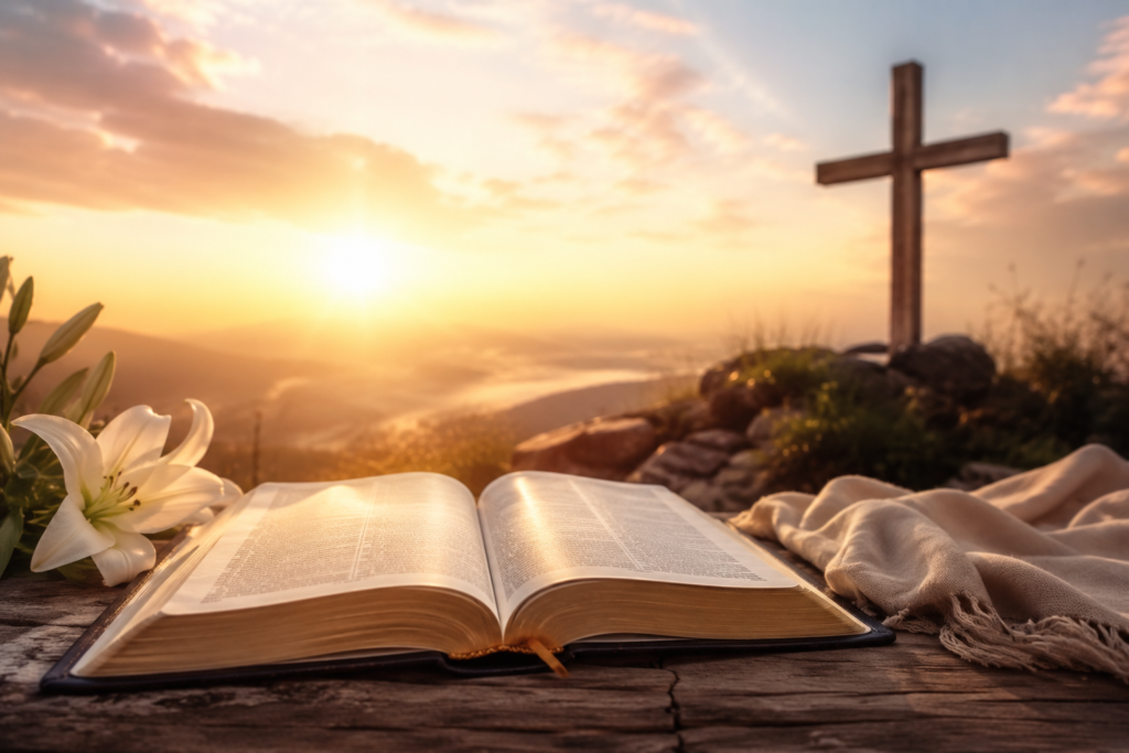 Open Bible at sunrise with a cross on a distant hill, symbolizing the biblical meaning of the name Harper.
