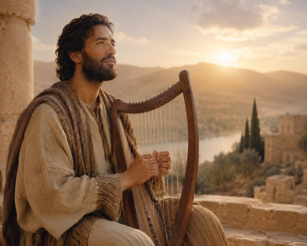 Biblical era man playing a wooden harp beside ancient stone ruins at sunset, symbolizing the meaning of the name Harper.