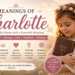 Meanings of Charlotte featuring a young girl holding a Bible in a peaceful floral setting, symbolizing freedom, strength, grace, wisdom, and faith.