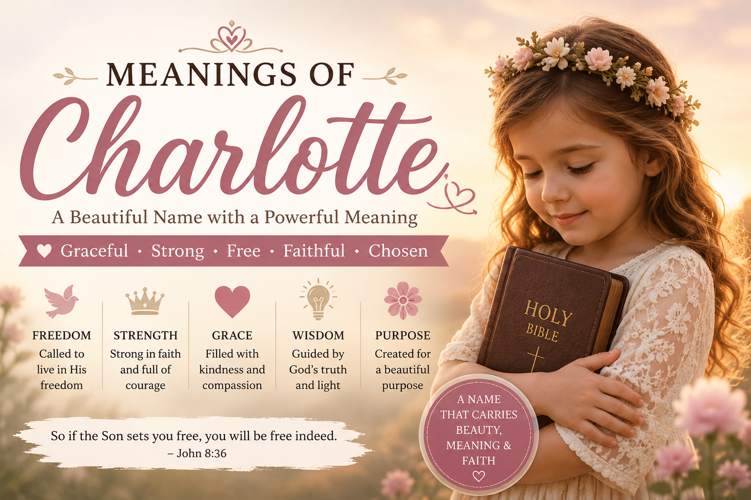 Meanings of Charlotte featuring a young girl holding a Bible in a peaceful floral setting, symbolizing freedom, strength, grace, wisdom, and faith.