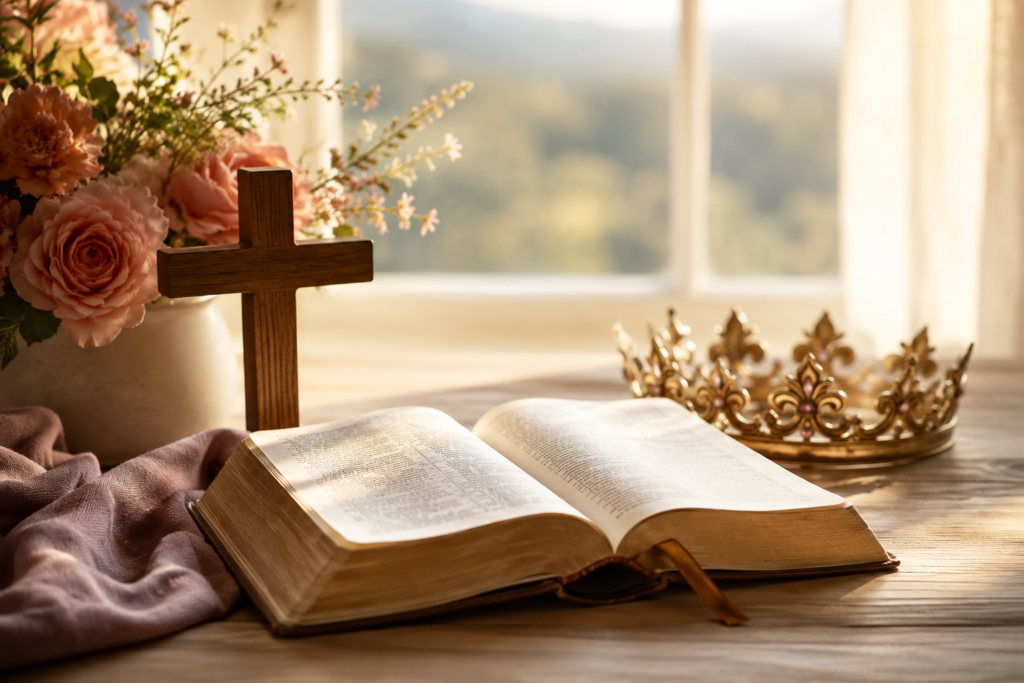 Open Bible with a wooden cross, soft flowers, and a golden crown symbolizing the biblical and spiritual meaning of the name Charlotte.