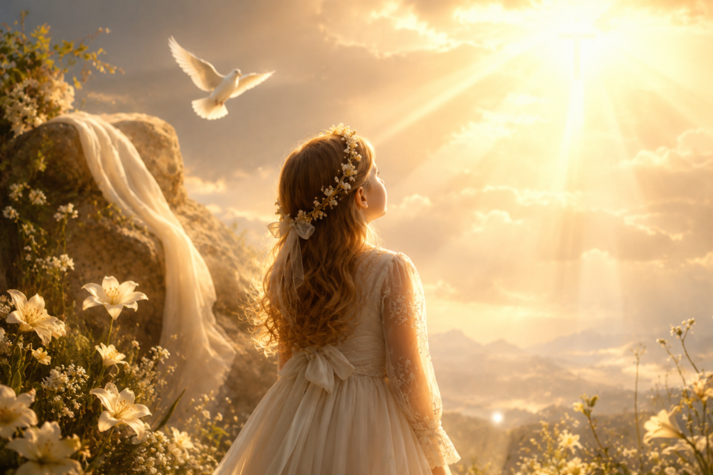 Young woman standing among flowers beneath radiant golden light, symbolizing Charlotte and spiritual light.