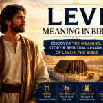 Levi meaning in Bible with a biblical man, open Bible, and ancient Israelite tabernacle scene.