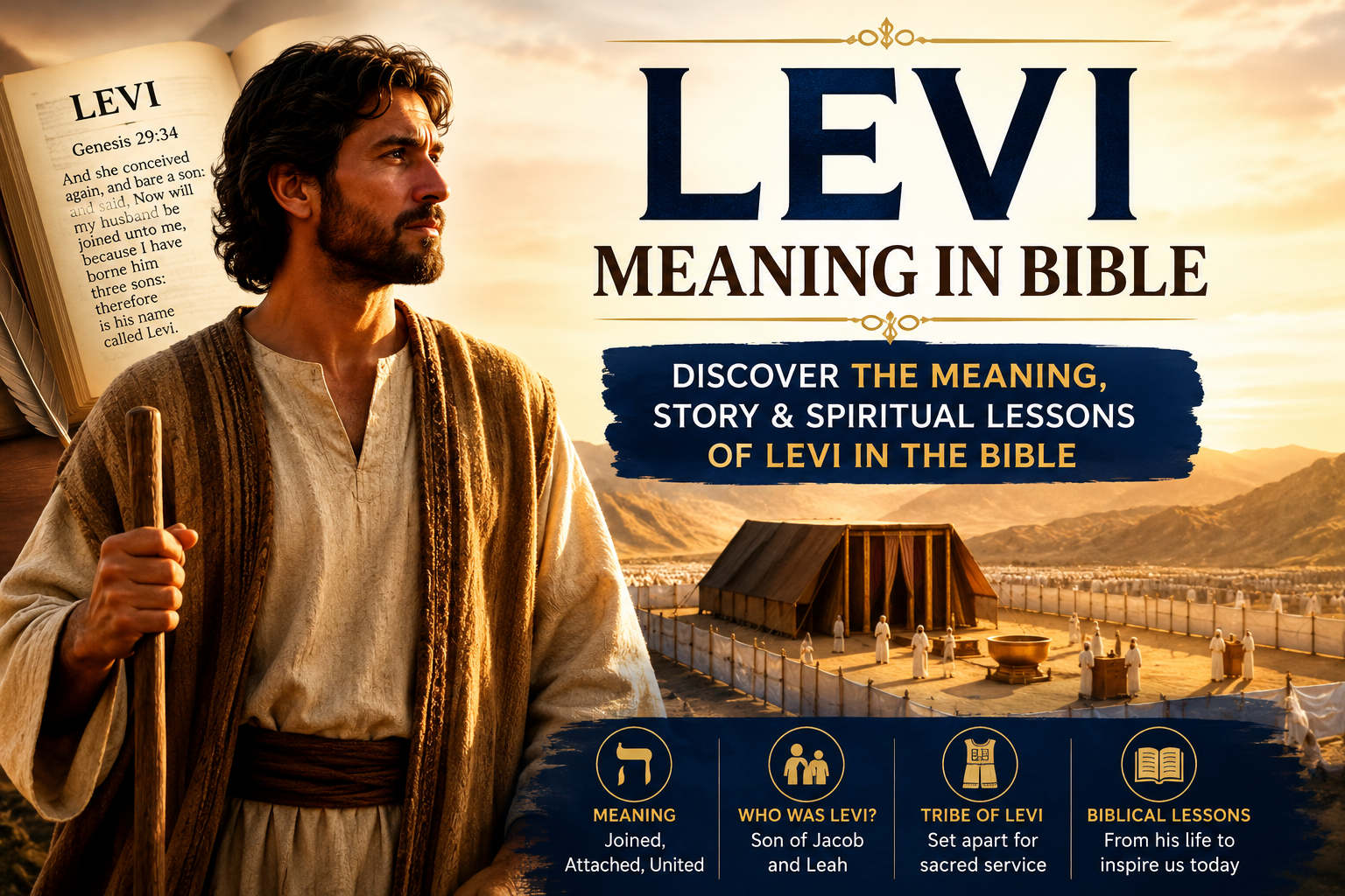 Levi meaning in Bible with a biblical man, open Bible, and ancient Israelite tabernacle scene.