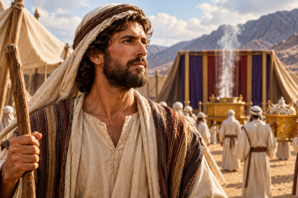 Levi in the Bible portrayed as a biblical man standing near the ancient Israelite camp and tabernacle.