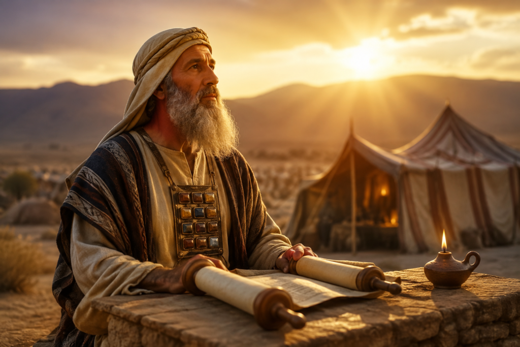 Levi reflecting on spiritual lessons beside ancient scrolls in a biblical desert setting at sunset.