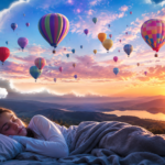 Dreaming balloons floating across a colorful sunrise sky over mountains, symbolizing hope, freedom, new beginnings, spiritual growth, and dream fulfillment.