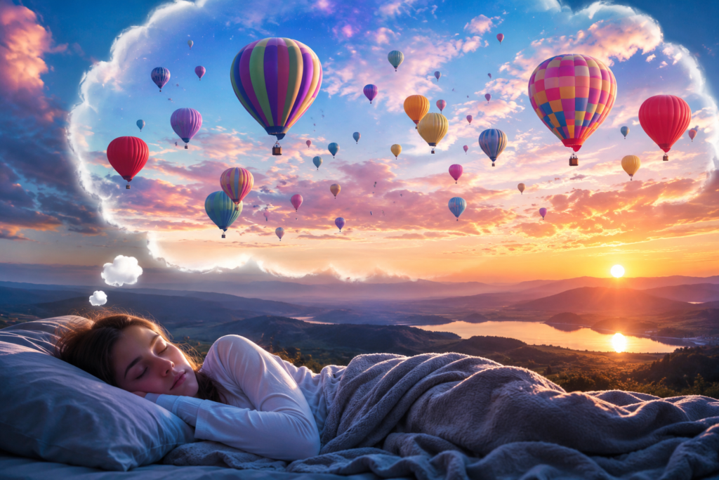 Dreaming balloons floating across a colorful sunrise sky above a peaceful dream landscape, symbolizing hope, spiritual growth, freedom, and biblical reflection.