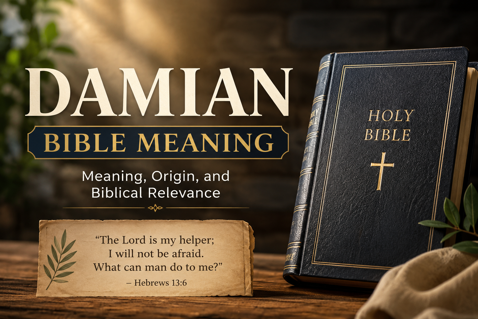 A warm-toned feature image showing an open Holy Bible on a rustic wooden table with soft golden light streaming through the background, symbolizing faith, wisdom, and the biblical meaning and spiritual significance of the name Damian.