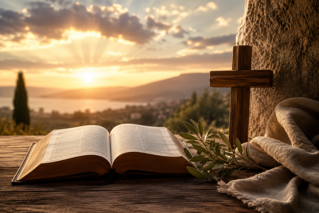 Open Bible resting on a rustic wooden table beside a wooden cross, illuminated by golden sunrise light with a peaceful countryside landscape in the background, symbolizing faith, hope, and biblical reflection.